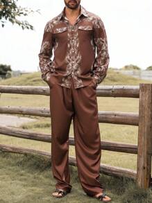 Manfinity RSRT 2pcs Men's Front Button Long Sleeve Printed Casual Shirt And Trousers Vacation Outfit Set ,Men Two Pieces Outfits ,Western Cowboy-Themed Printed Long-Sleeve Shirt And Pants Set In Brown ,Brown Pants
