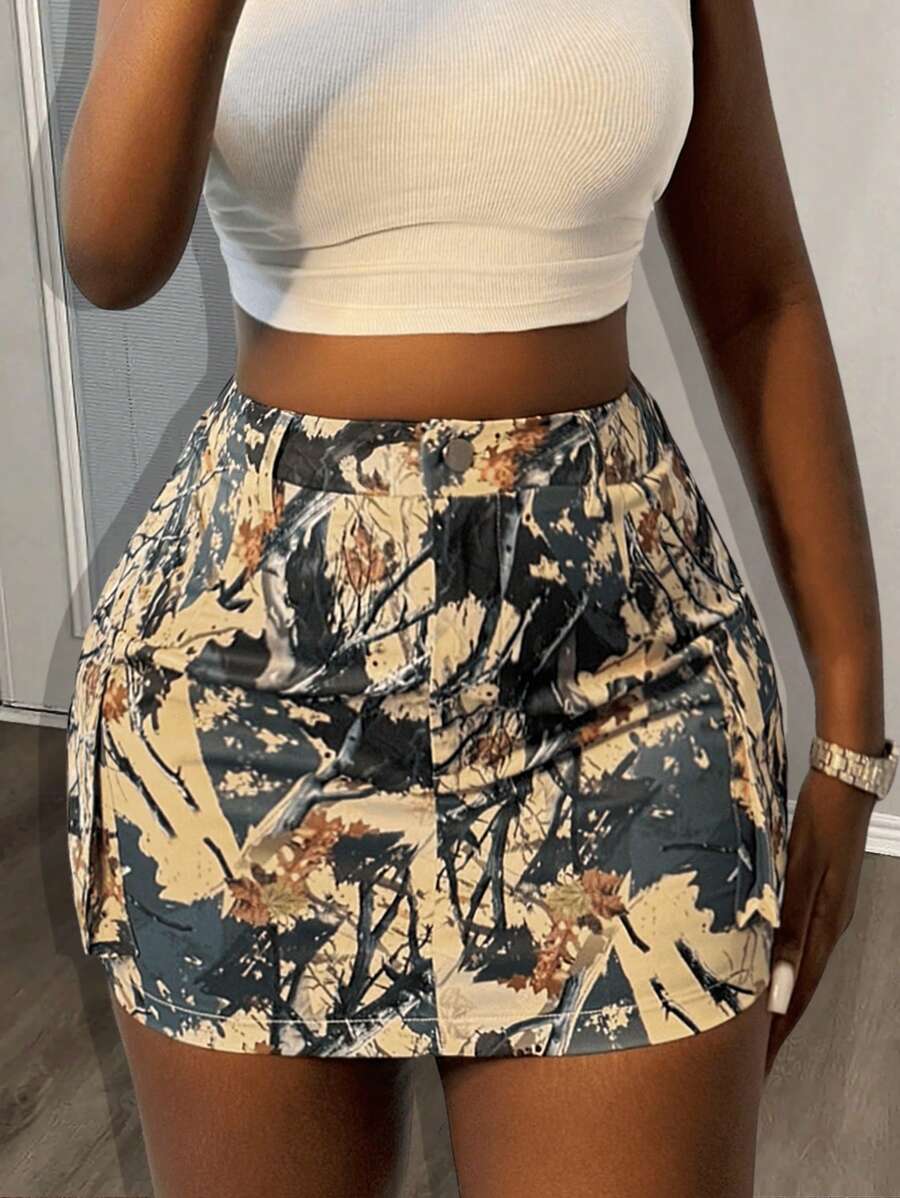 Slaydiva New Casual Street Style Three-Dimensional Workwear Pockets With Back Elastic On Both Sides And All-Over Tree Branch Print Mini Skirt For Women - Multicolor - View 1