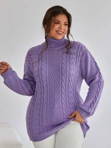 EURMUSE Turtleneck Cable Knit Drop Shoulder Sweater - Lilac Purple - View 1