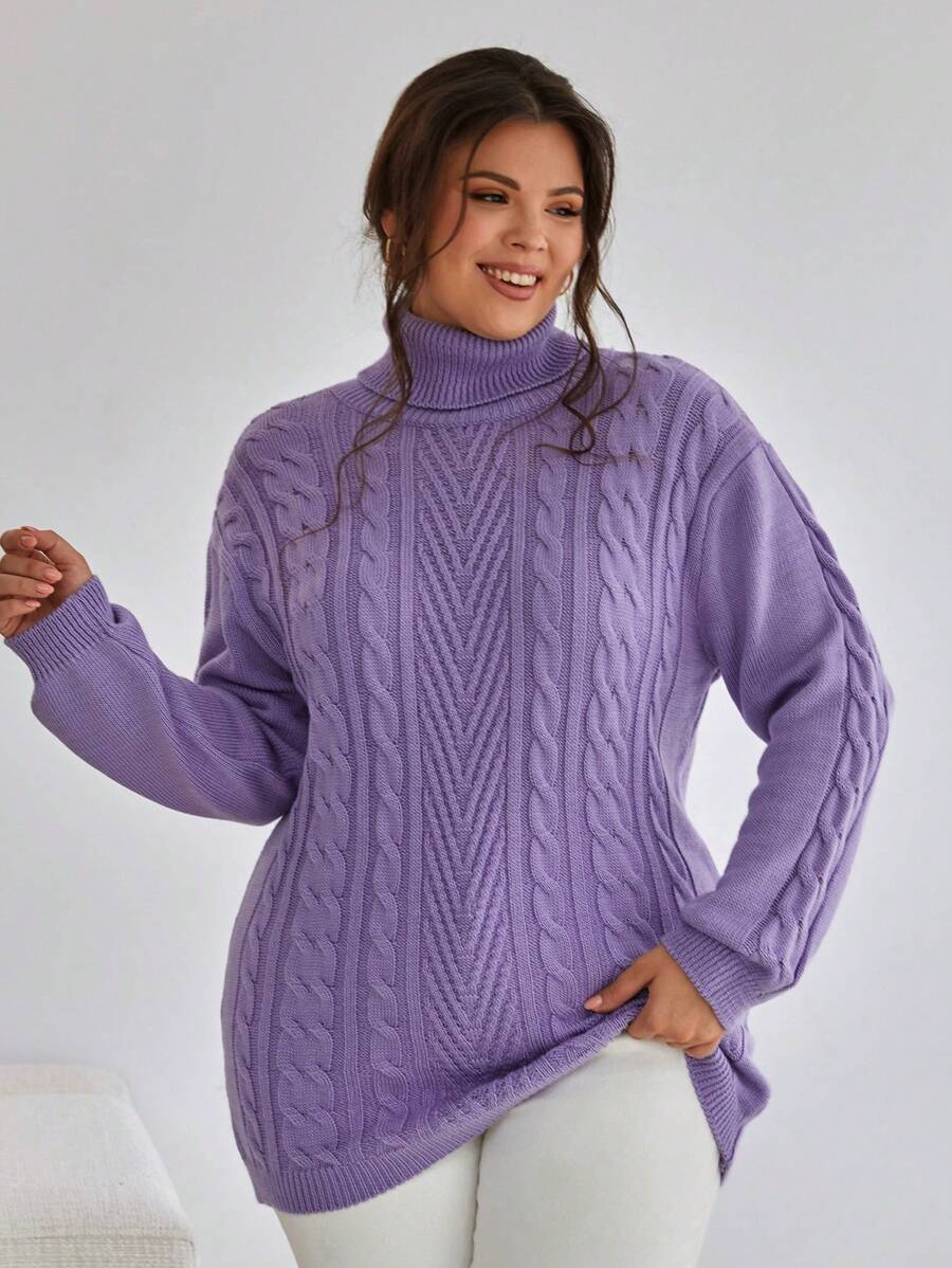 EURMUSE Turtleneck Cable Knit Drop Shoulder Sweater - Lilac Purple - View 1
