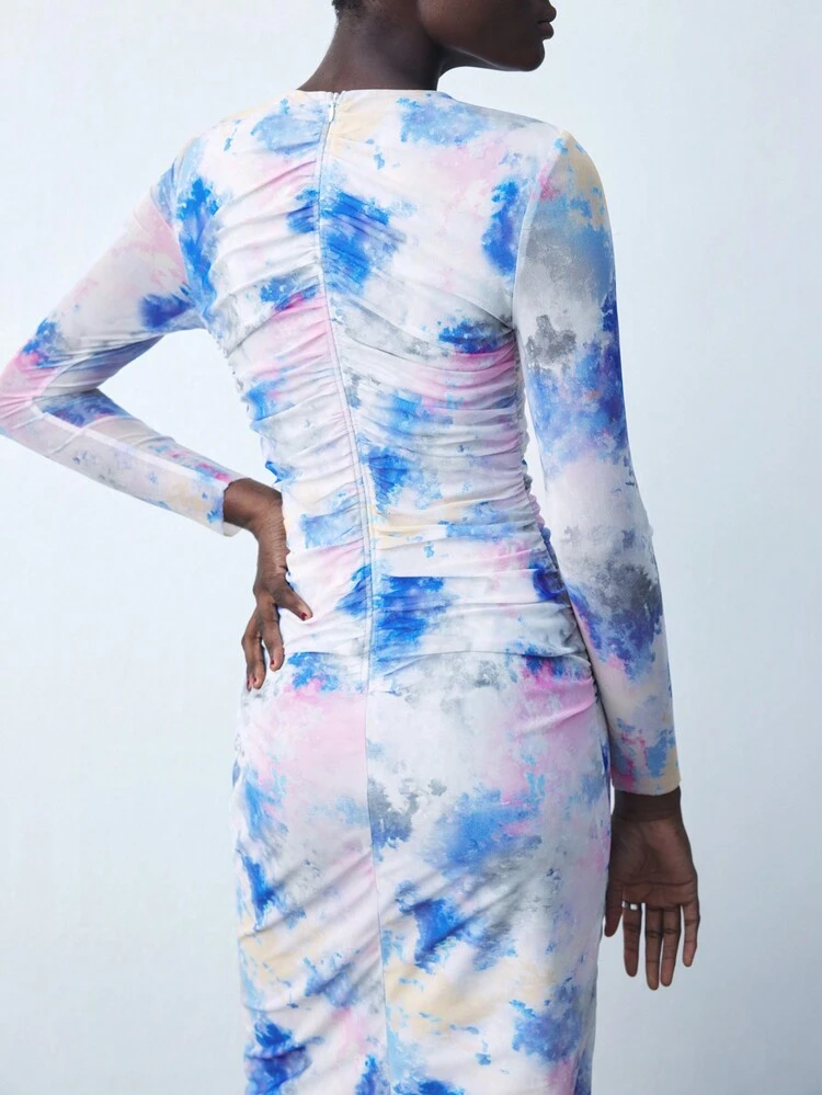 SHEIN Maija Women's Autumn Knit Tie Dye Printed Round Neck Long Sleeve Pleated Elegant Dress