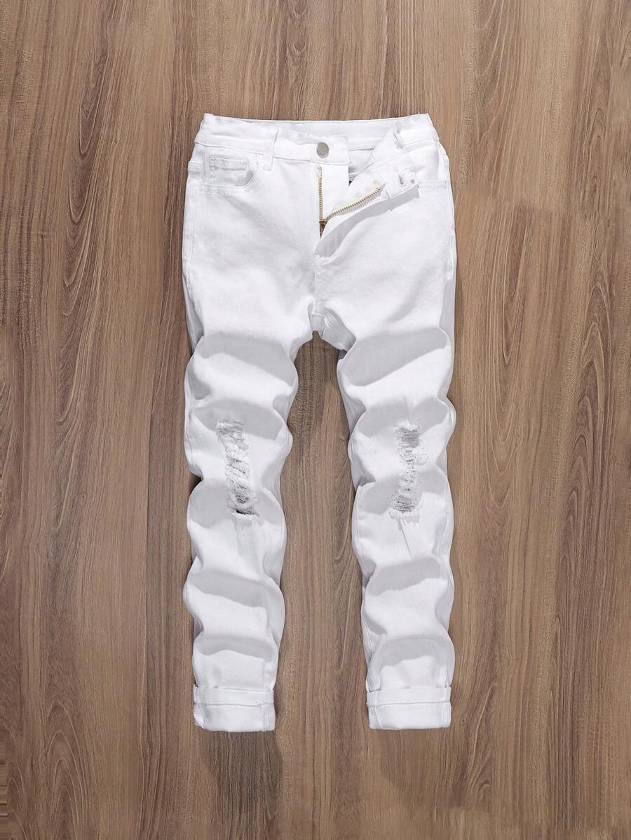 SHEIN Tween Boy Casual White Washed Distressed Elastic Waist Denim Jeans, School, Campus, College - White - View 1