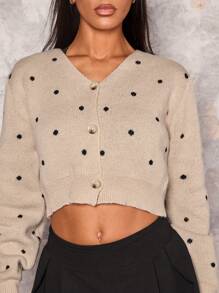 Glamine 女士 V 领前扣长袖圆点印花短开衫 - 卡其色 - 查看 4