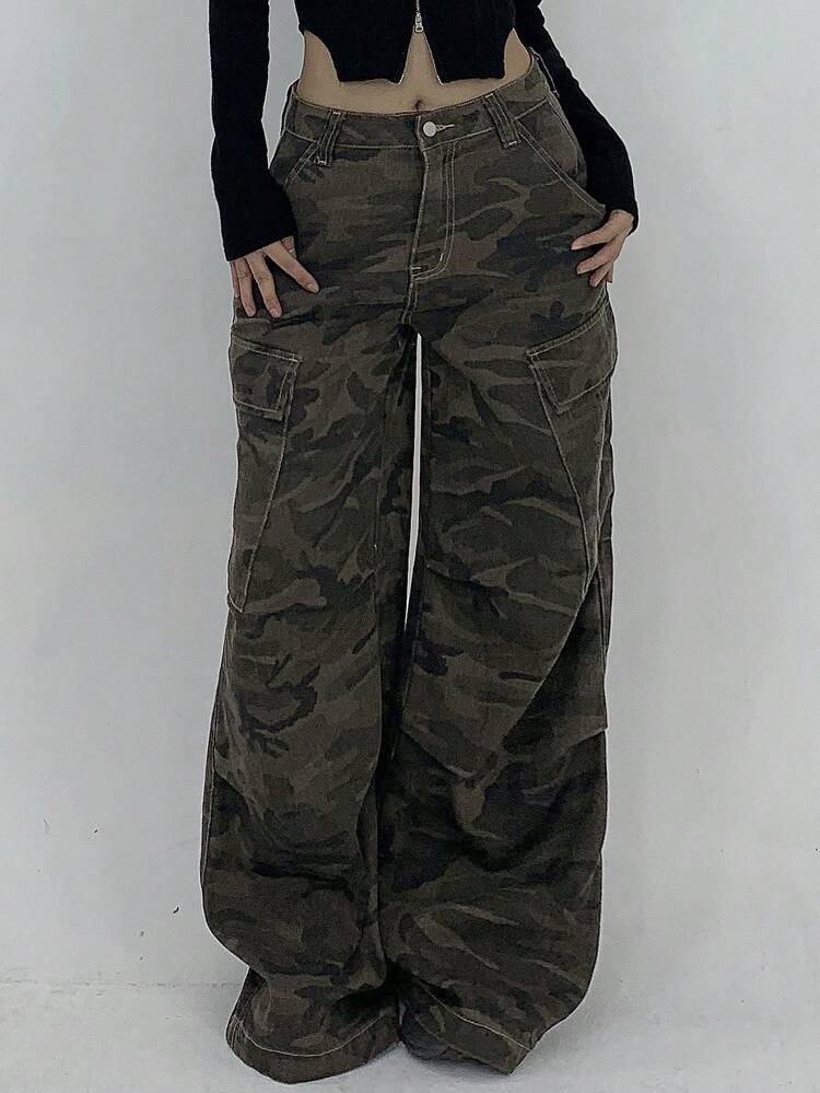 Women Camouflage Print Pocket Casual Cargo Denim Pants Y2k Women Jeans