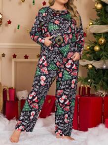 Plus Size Snowman Print Long Sleeve Top & Pants Pajama Set For Christmas, Fall Winter Clothes - Multicolor - View 4
