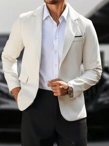 Manfinity Mode Men's Solid Color Lapel Neck Long Sleeve Button Front Casual Blazer