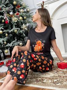 Gingerbread Man Cartoon Christmas Print Women Pajama Set - Black - View 3