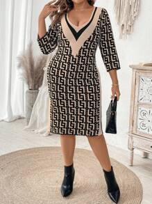 Flirla Plus Size Women Geometric Pattern V-Neck 3/4 Sleeve Fitted Elegant Knit Sweater Dress For Fall & Winter - Multicolor - View 5