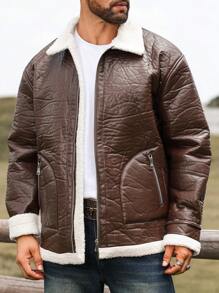Manfinity Homme Men's Front Zipper Long Sleeve Pocket Casual Jacket, Everyday Wear - Coffee Brown - View 1