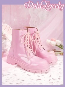 Dola Lovely 女士亮面厚底机车风时尚踝靴 - 粉色 - 查看 4