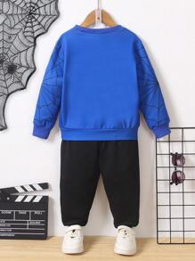 SHEIN Young Boys Stand Collar Spider Web Graphic Print Long Sleeve Sweatshirt, Suitable For Autumn, Halloween Party, Performance Clothes Boysspider Man Clothesspider Man Clothes Kidsspiderman Clothesspiderman Outfitgetaway,Holiday,Travel,Relax,Sunbathing,Summer - Blue - View 2