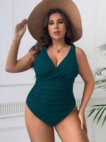 SHEIN Swim Curve 大尺碼夏日海灘純色V領褶皺一件式泳裝 - 水鴨藍 - 查看 1