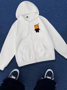 Manfinity Hypemode 宽松版型男士字母与卡通图案拉链保暖内衬连帽衫 - 白色 - 查看 1