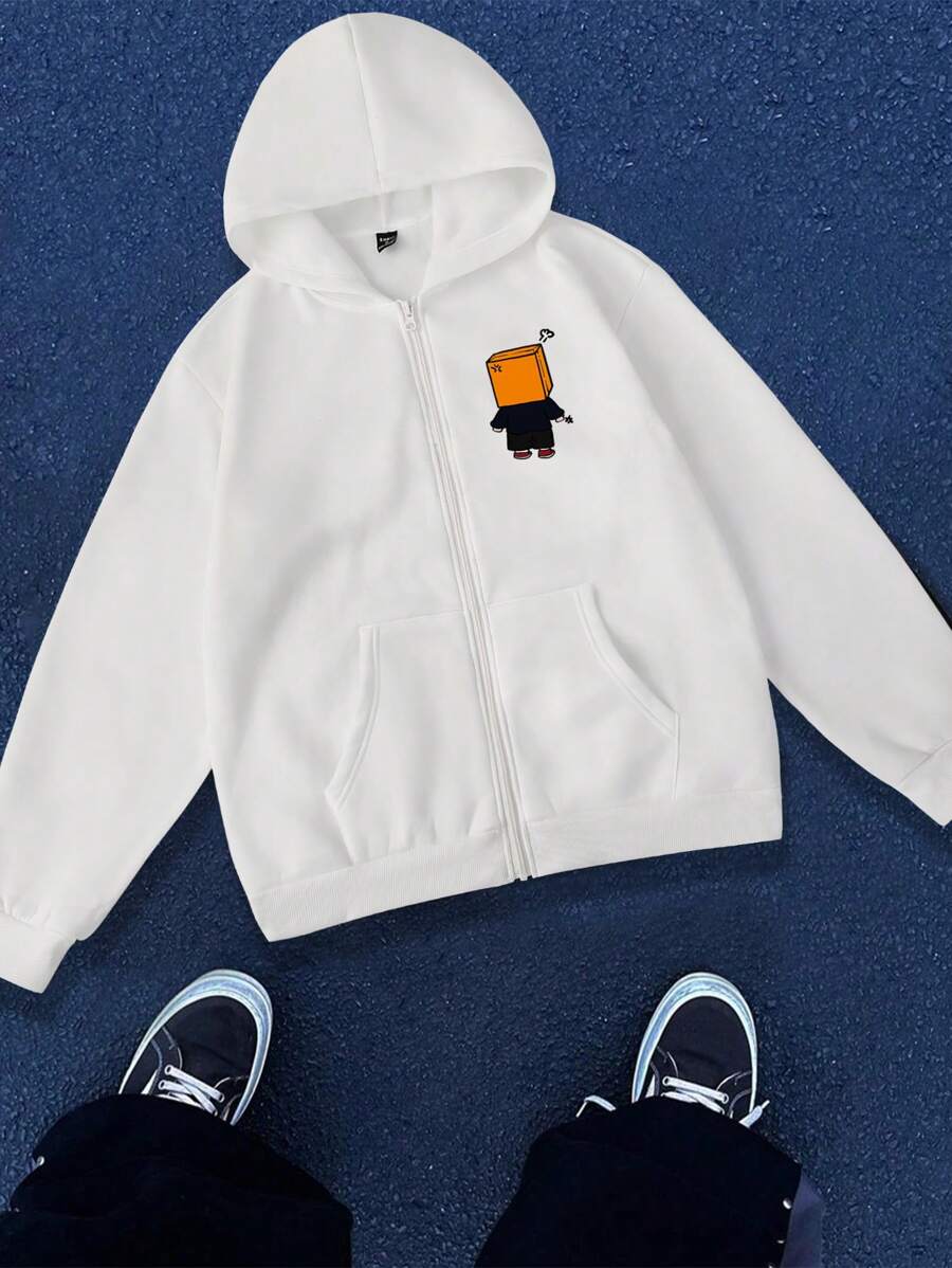 Manfinity Hypemode 宽松版型男士字母与卡通图案拉链保暖内衬连帽衫 - 白色 - 查看 1
