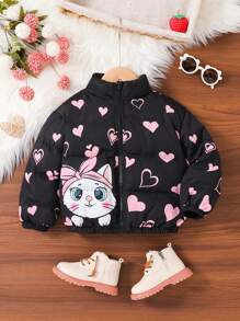 Young Girls' Pink Cat Heart Printed Cartoon Pattern Holographic Zip Up Mock Neck Thermal Padded Coat, Warm And Comfortable Long Sleeve, Great For Casual & Daily Wear & School Daily In Autumn & Winter, For Christmas
