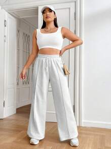 SHEIN EZwear Plus Size Herfst Casual Sport Trekkoord Taille Losse Wijde Pijpen Joggingbroek