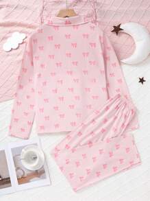 Bộ đồ ngủ in nơ màu trơn 2 cái/bộ dành cho nữ tuổi teen, áo và quần dài tay, quần áo mặc trong nhà thoải mái (4 bộ được bán riêng) - Nhiều màu - Xem 2