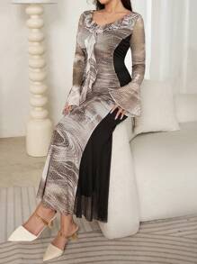 Modelyn Váy bodycon dài thanh lịch dành cho nữ có bèo nhún, màu tương phản, eo nhún & tay loe - màu nâu - Xem 7