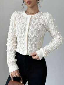 Chiquease Women's Solid Color Simple Casual Round Ball Decor Cardigan Fall Cloth For Women - White - View 6