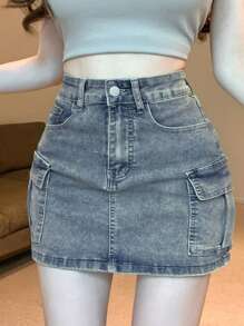 DAZY Women's Pocketed Baggy Cowgirl Denim Mini Skirt Jeans Skirt