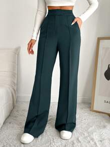 EURMUSE Women's Solid Color Zipper Front Slash Pocket Seam Front Wide Leg Dress Pants - Dark Green - View 6