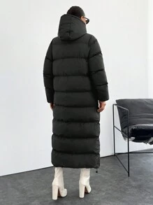 EURMUSE Unique Design Quilted Metallic Lined Hooded Drawstring Hem Puffer Long Winter Coat - Black - View 2