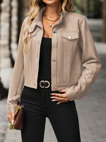 女式纯色前扣休闲长袖夹克 - 卡其色 - 查看 7