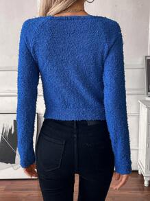 Chiquease European & American Style Hollow V-Neck Short Figure-Flattering Sheer Pullover Sweater Knit Pullover Fall Winter Outfit - Blue - View 2