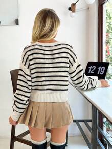 SHEIN Cottnline 女士条纹常规款休闲风格冬季毛衣 - 黑與白 - 查看 2