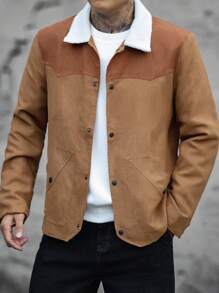 Manfinity Homme Men's Autumn/Winter Color Block Turndown Collar Single-Breasted Casual Jacket - Khaki - View 1
