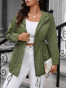 Calvaya Plus Size Green Drawstring Pocket Waterproof Casual Jacket - Army Green - View 3