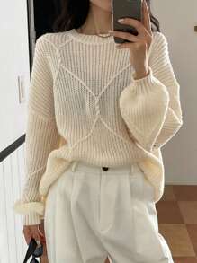 DAZY Women's Loose Fit Round Neck Solid Color Plaid Textured Sweater Fall - White - View 5