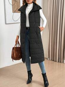 SHEIN LUNE Women's Solid Color Sleeveless Zip-Up Padded Coat With Pockets - Black - View 4