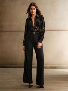 Anewsta Áo cánh thêu nhung thời trang nữ, áo sơ mi nữ xuân thu - màu đen - Xem 3