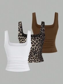 Sweetra Women's Casual Ruched Square Neck Slim Fit Tank Top Graphic Tees Women Tops - Multicolor - View 2