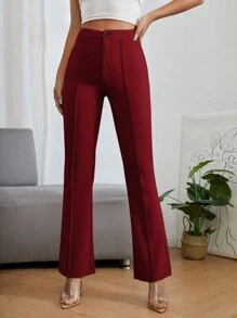 SHEIN PETITE Solid Color Women's Flared Pants ,Petite Women - Burgundy - View 4