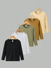 5 件/套年轻男孩休闲基本款圆领 T 恤，颜色有黑色、白色、蓝色、黄色、灰色 - 彩色 - 查看 1