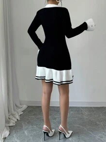 Selianne 女士休闲撞色荷叶边纽扣缀饰针织毛衣连衣裙，秋冬 - 黑與白 - 查看 2
