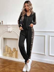SHEIN Privé Bộ quần nỉ và áo hoodie in họa tiết da báo phong cách thể thao giản dị dành cho nữ - Nhiều màu - Xem 6