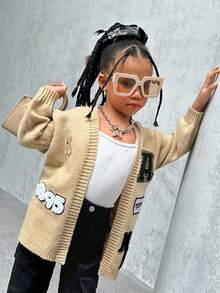 SHEIN Áo len cardigan dài tay dệt kim dáng rộng, thích hợp mặc ở nhà, thích hợp mặc khi đi du lịch hàng ngày, thích hợp mặc khi đi học - Màu Khaki - Xem 5