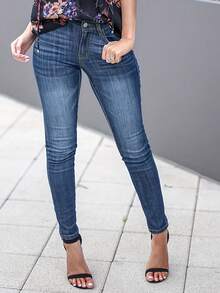 Jeans skinny in denim con effetto push-up stile europeo, snellenti - Blu lavato scuro - Visualizzare 1