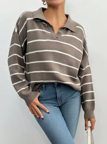 EURMUSE Women's Striped Print Collared Long Sleeve Pullover Sweater - Mocha Brown - View 5