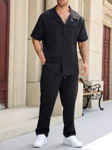 Manfinity Homme 2 件大码纯色纽扣短袖衬衫和抽绳口袋长裤休闲装 - 黑色 - 查看 4