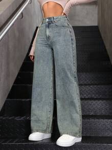 SHEIN ICON Casual Washed Straight-Leg Denim Jeans Y2k - Dark Wash - View 5