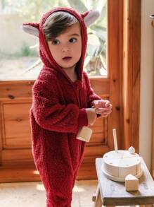 SHEIN Mono con capucha de animal cálido con cremallera y manga larga para bebé niño, para otoño/invierno - Rojo - Ver 11