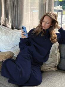 INAWLY Solva Women's Solid Color Zipper Half Placket Dropped Shoulder Long Sleeve Sweatshirt And Loose Casual Pants 2 Pieces Set, Autumn/Winter Fall Cloth For Women