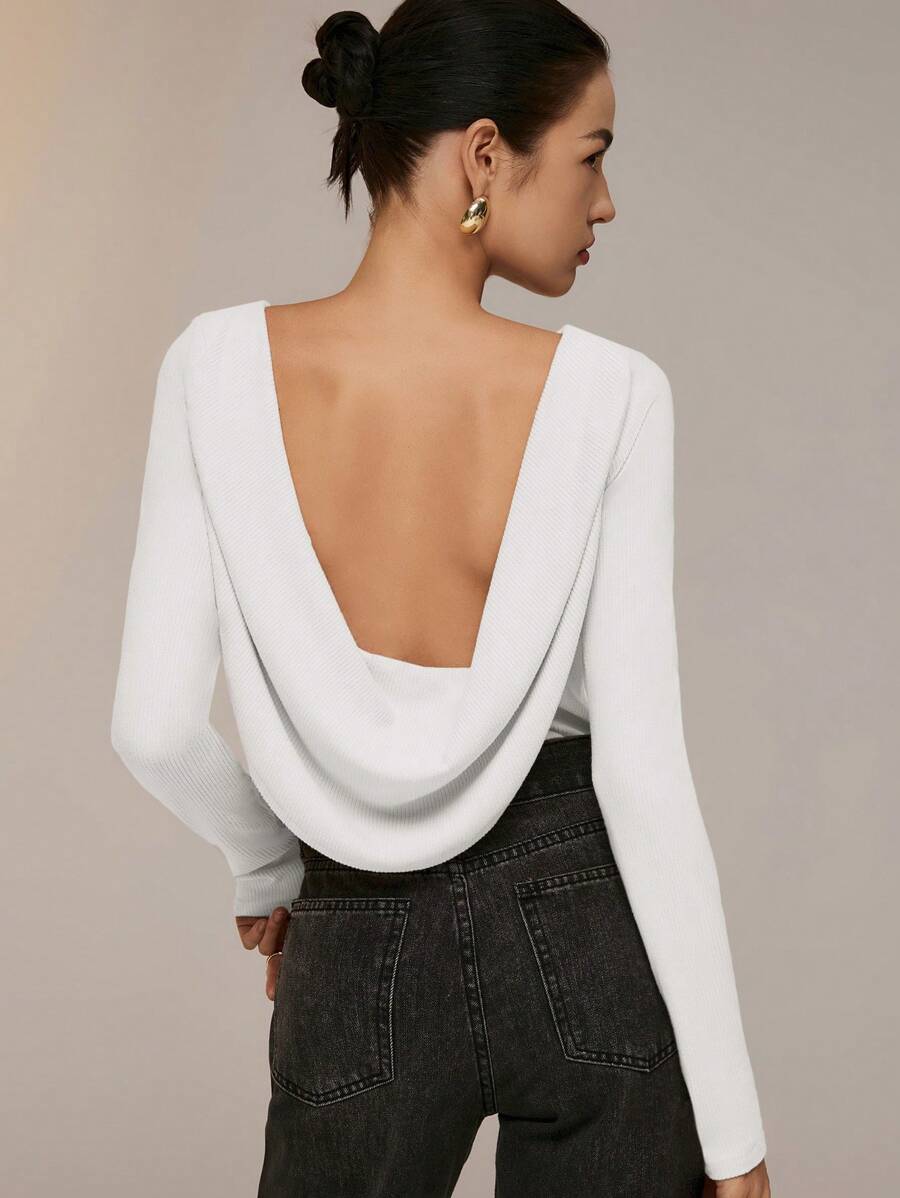 Poéselle 女士纯色露背垂褶圆领长袖紧身衣