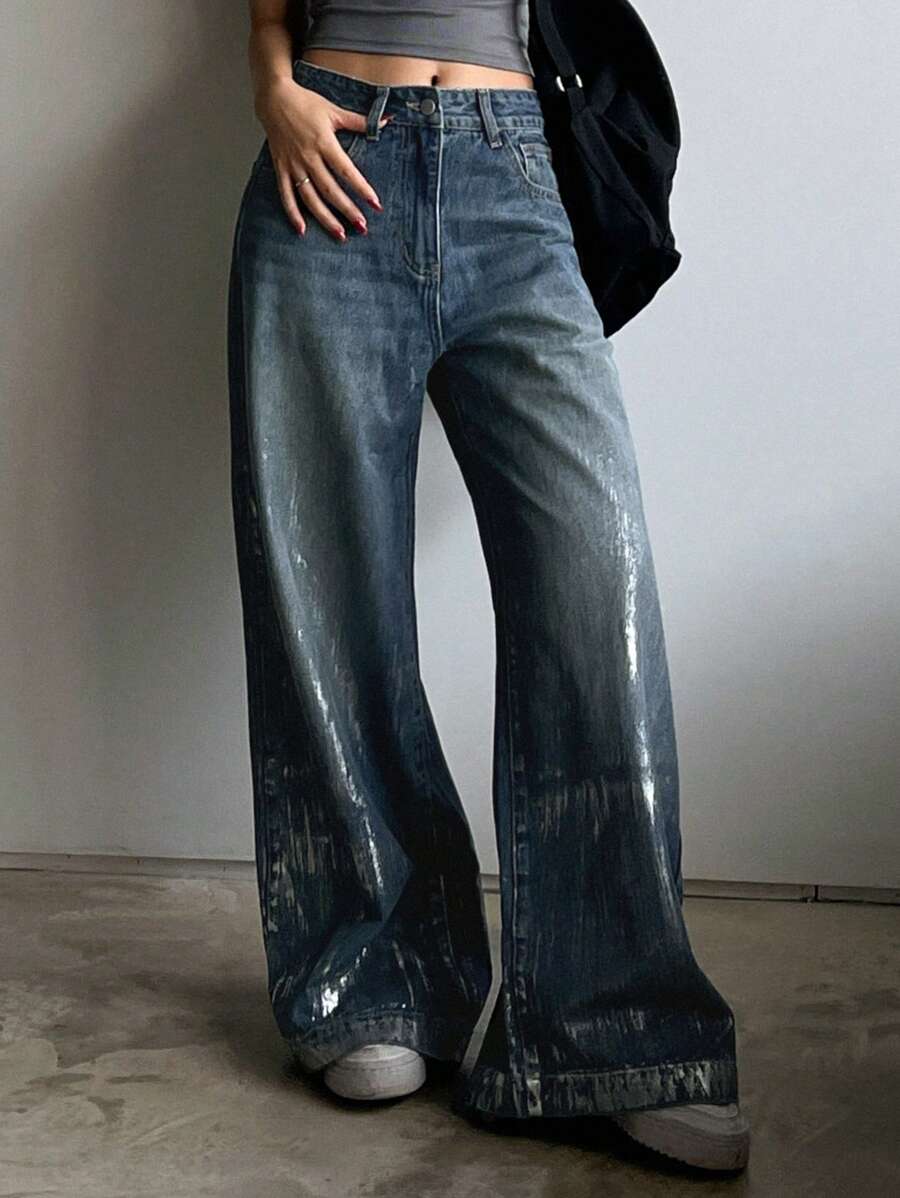 DAZY 女式阔腿银箔设计牛仔裤 - 中等水洗藍 - 查看 1