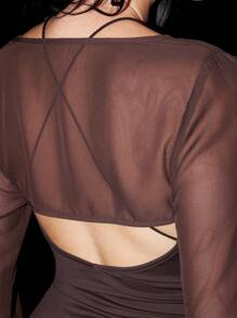 Armand Designer Women Sheer Chiffon Cropped Blouse Sexy Vacation Brown Top, For Holiday, Spring, Beach, Festival, Ibiza Fits