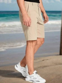 Manfinity Mode Men Zipper Fly Pocket Shorts Plain Casual Shorts, For Husband, Boyfriend Gifts - Khaki - View 6